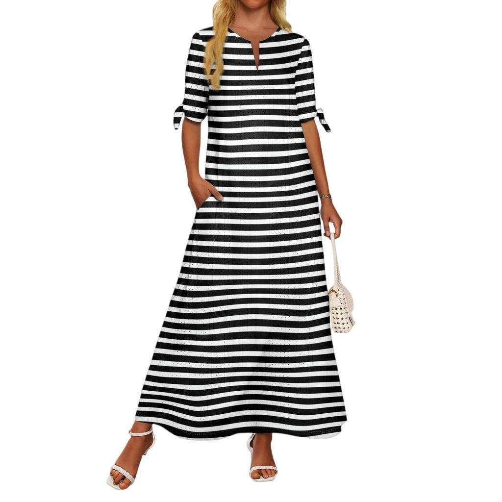Ladies Casual Fashion Temperament Elegant Waist Striped Long Dress