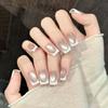 10Pcs Aurora White French False Nails Handmade with Star Pattern Mid-length Square Head Press On Nails Cat's Eye Finger Nails
