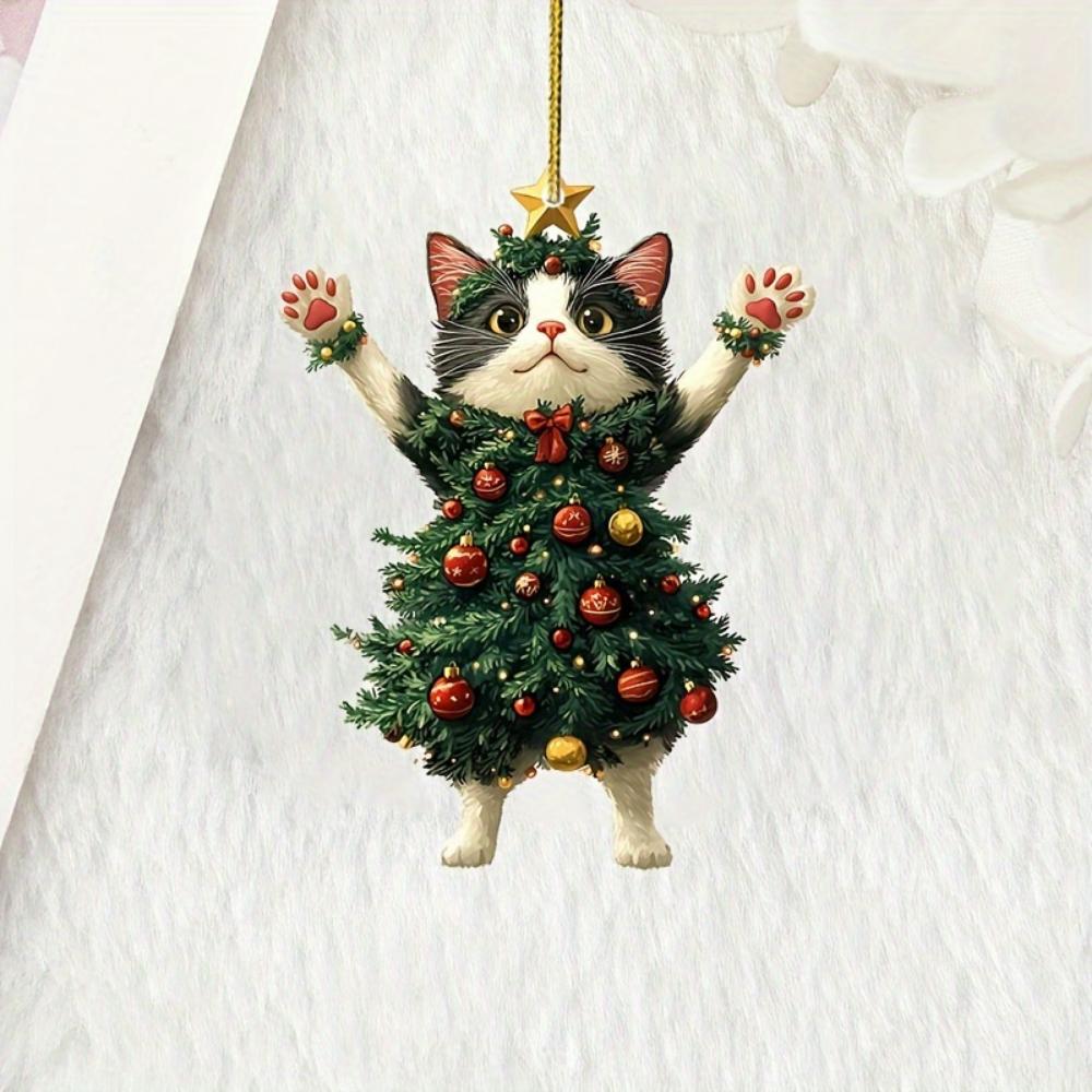 Acrylic flat 2D cute kitten pendant dressed as a Christmas tree can be used for bags,keychains, rearview mirrors Christmas trees and other decorations