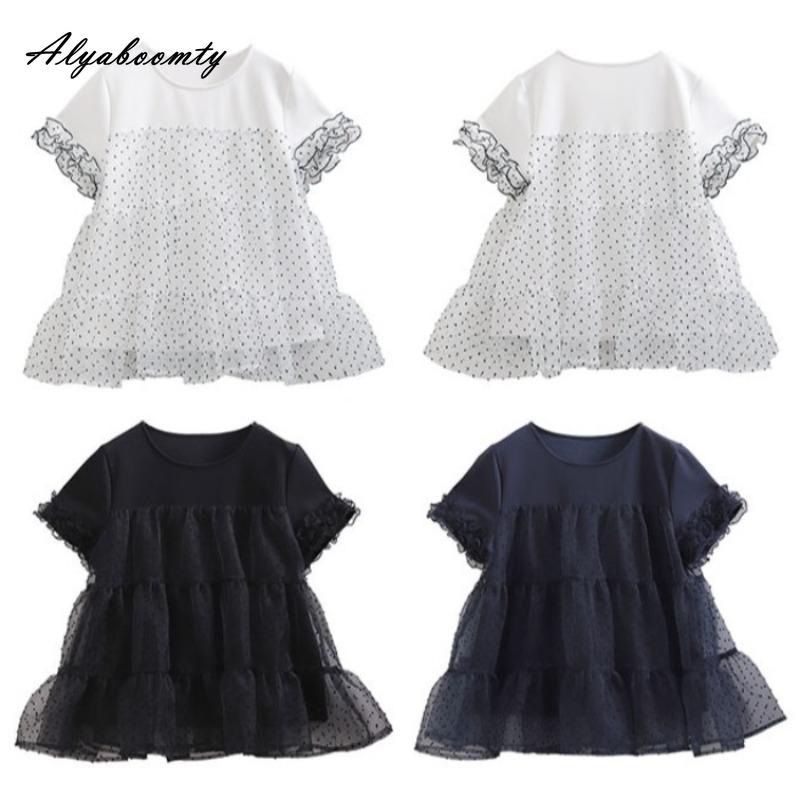 Korean Fashion Summer Women Patchwork Stylish Top O Neck Cotton Polka Dot Mesh Ruffles T-Shirt Short Sleeve Casual Loose Ladies' Tee