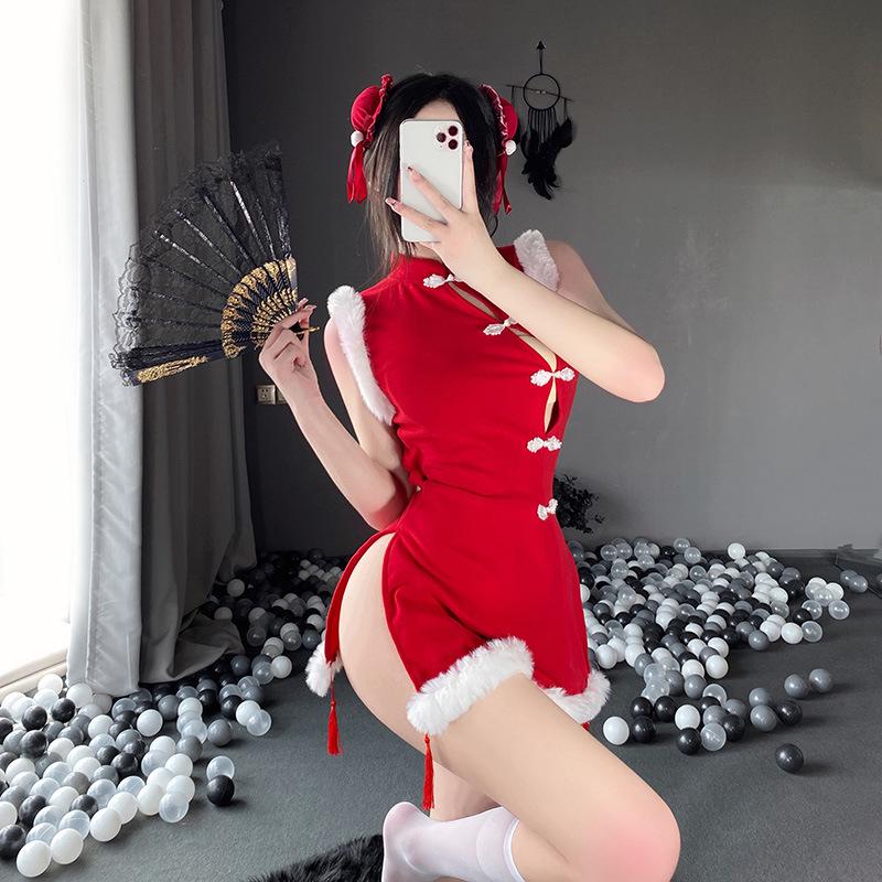 2025 Trendy Women's Sexy Backless Red Christmas Cheongsam