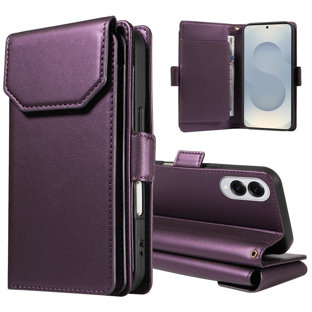 For Samsung Galaxy S25 Edge Case with Multi-Card Holder and Strap PU Leather Phone Cover Stand