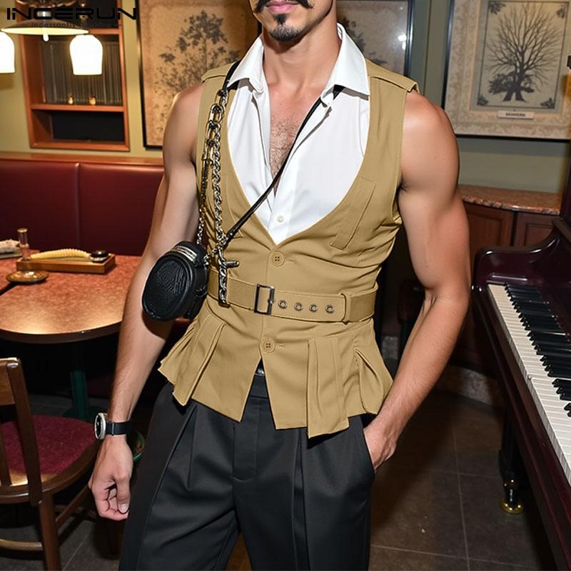 INCERUN Men Lapel Sleeveless Fake Two-piece Belt Waist Vest Waistcoats