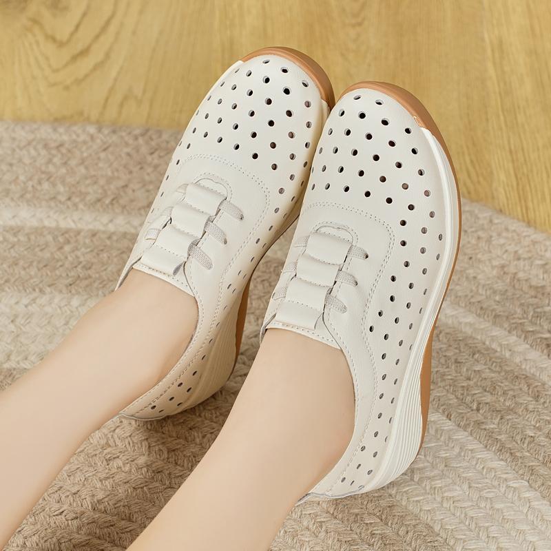 New Style Perforated Breathable Women's Summer Casual Shoes with Wedge Heels and Thick Soles
