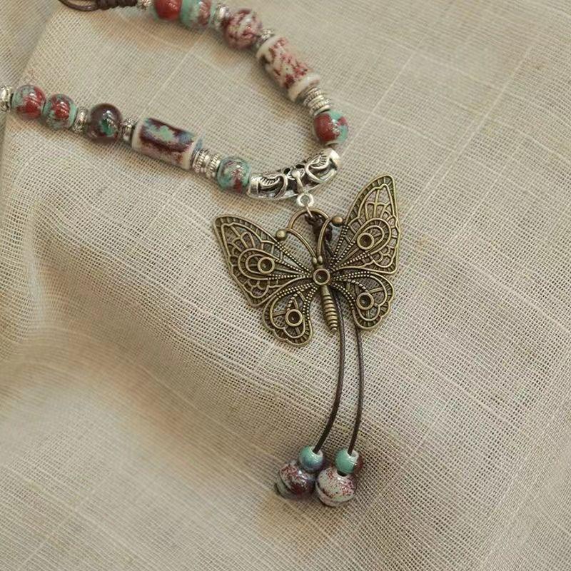 Chinese Style Retro Ethnic Butterfly Bell Beaded Necklace Women's Antique Long Collarbone Chain