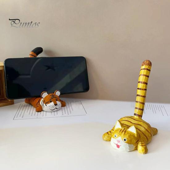 Hand Carved Basswood Stand Wooden Tiger Cat Phone Stand, Desktop Ornament, Cute Unique Healing Ornaments Animal Holder, Handmade Decor, Creative Gift