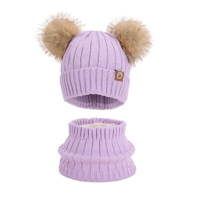 Children's hats Outdoor warm three-piece set Boys and girls fleece ear protector pullover hat Cute hairball knitted wool hat