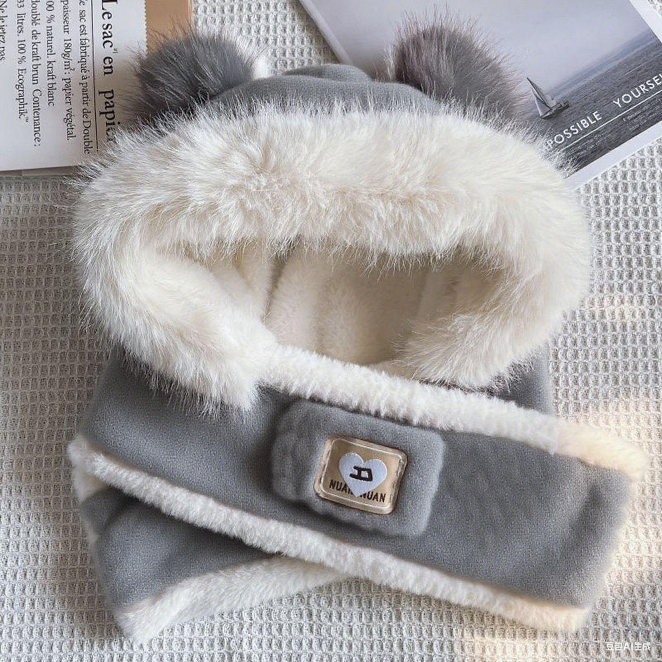 

Women s Winter Colorblock Bear Ears Plush Hat and Scarf Combo - Thick, Warm, Ear-Protected Cycling Accessory