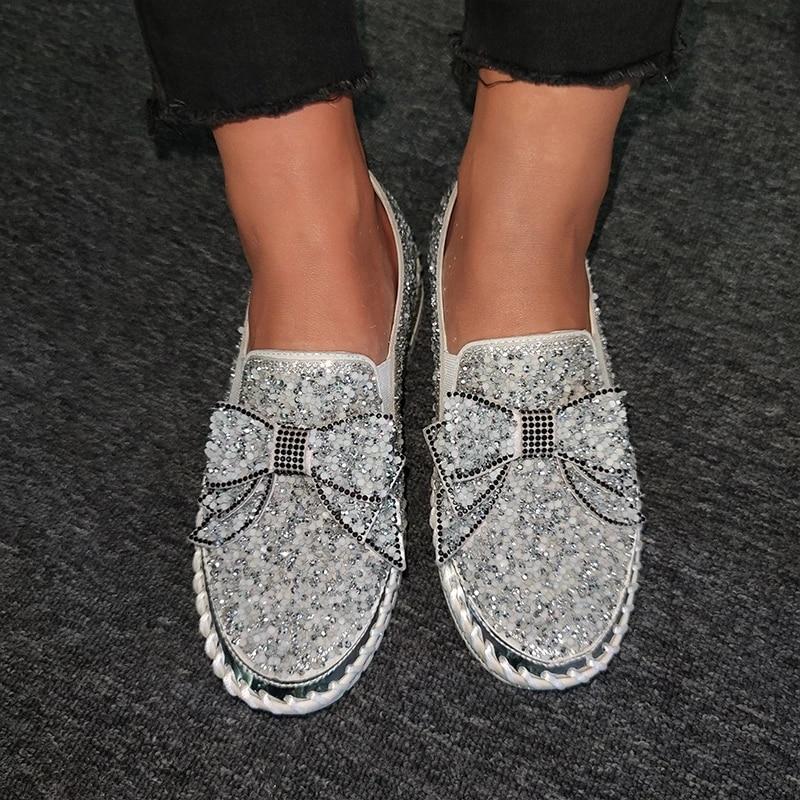 Pink Women Shining Rhinestone Loafers Bowknot Slip -On Thick Botton Casual Ladies Crystal Shoes Female Platform Shoes