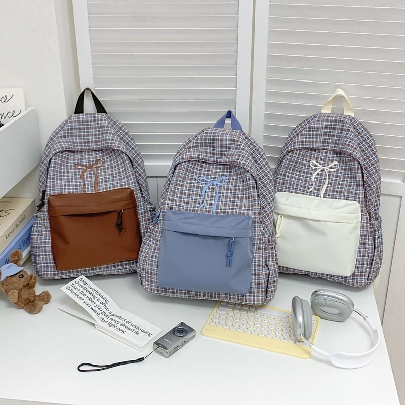 Schoolbag Japanese college style plaid backpack small fresh bow girl schoolbag female junior high school student casual backpack