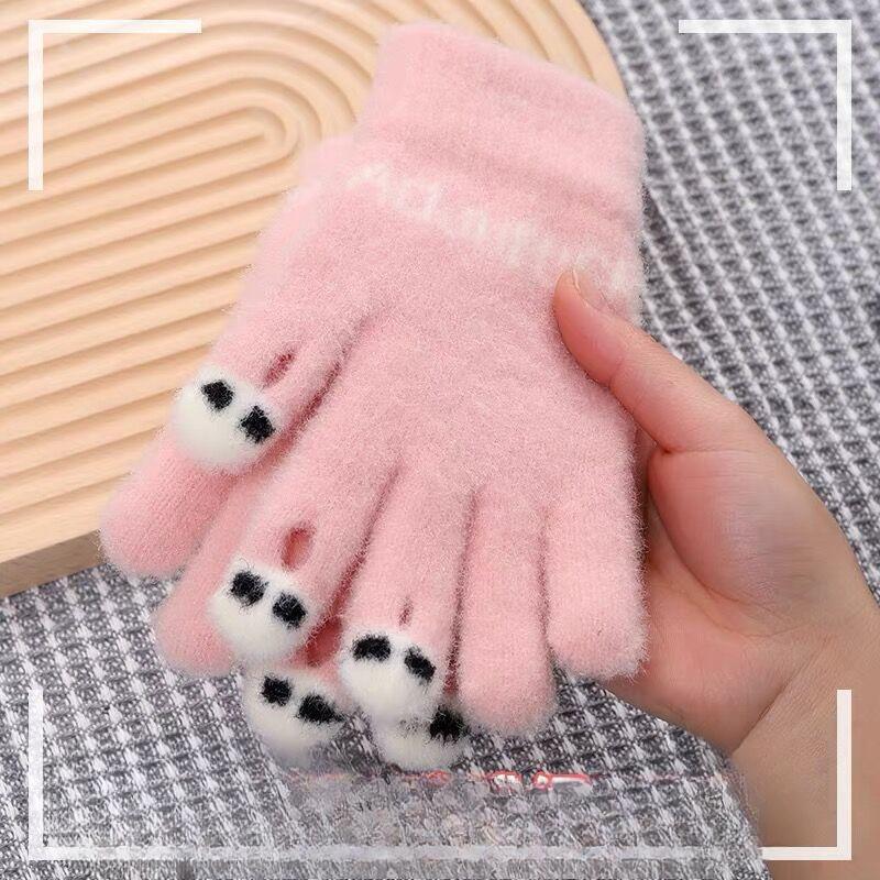 Knitted Wool Warm Gloves for Winter Women Cartoon Cute Thickened Student Writing Cold Proof Five Fingers Revealing Fingers To Touch Screen