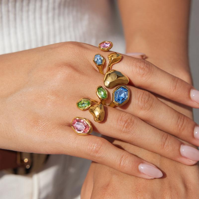 Elegant Colored Glass Open Ring for Women Stainless Steel Waterproof Non-Tarnish Jewelry for Prom Banquet Anniversary Gifts