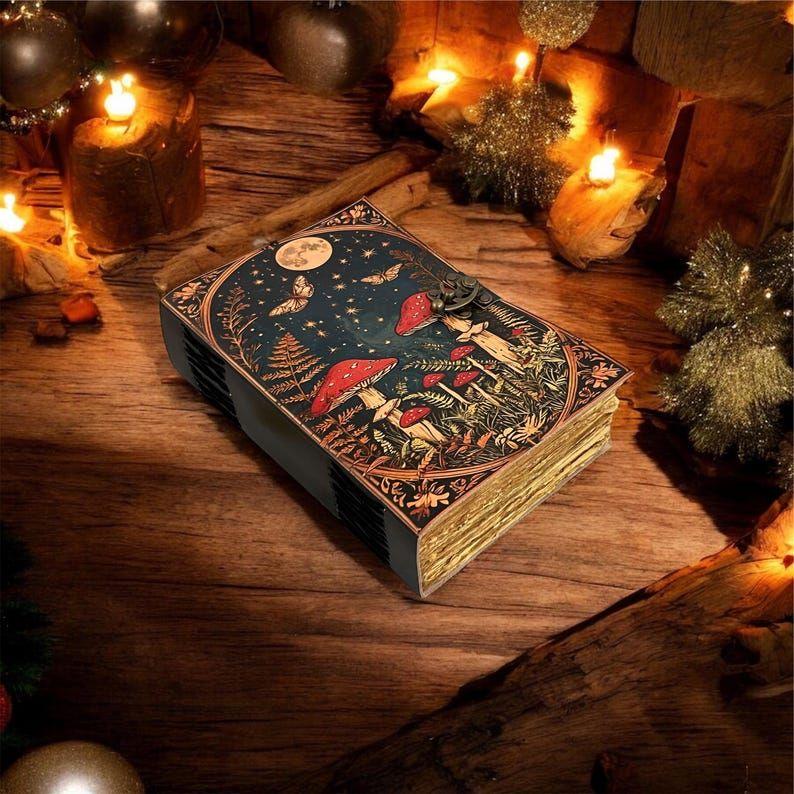 Moon & Mushroom Vintage Diary – Handmade Locking Journal