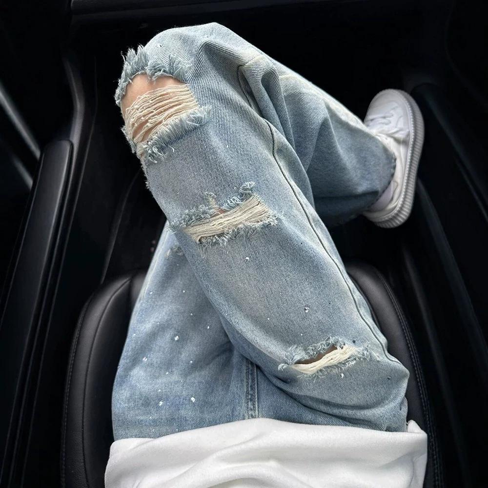 American Retro Blue Hot Diamond Ripped Jeans Trendy Brand Ruffian Handsome Fried Street Pants Men's Cleanfit Straight Pants