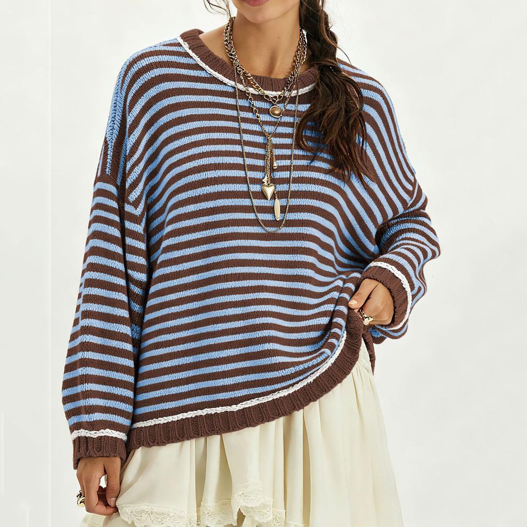 Women's Casual Loose Fit Color-Block Stripe Patchwork Knit Long Sleeve Pullover Sweater