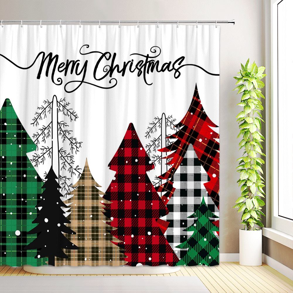 Weihnachtsbaum Duschvorhang Winter Schneeflocke Stern Kiefernwald Büffelkaro Weihnachten Badevorhang Stoff Badezimmerdeko mit Haken