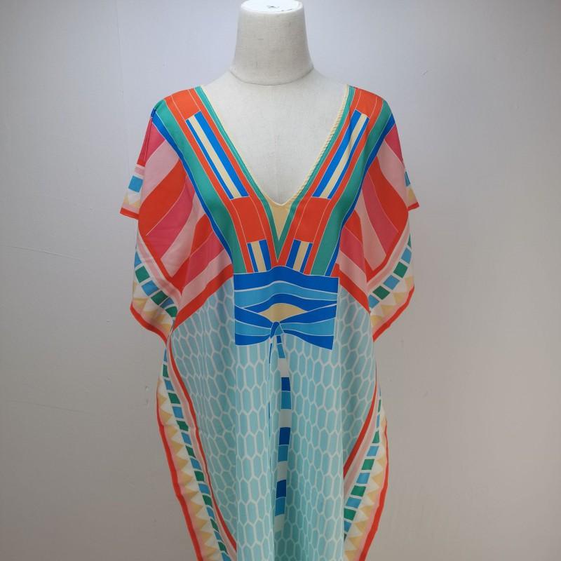 Quick-Dry Beach Cover Up Dress With Front Back V-Neck Loose Fit Printed Tunic Women Swimming Vacation