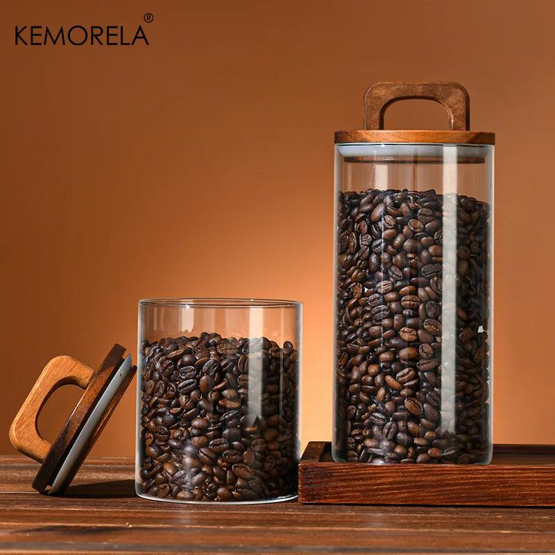 Wood Lid Glass Jar Airtight Canister Food Container Tea Coffee Beans Kitchen Storage Bottles Jar Sealed Grounds Candy Jar