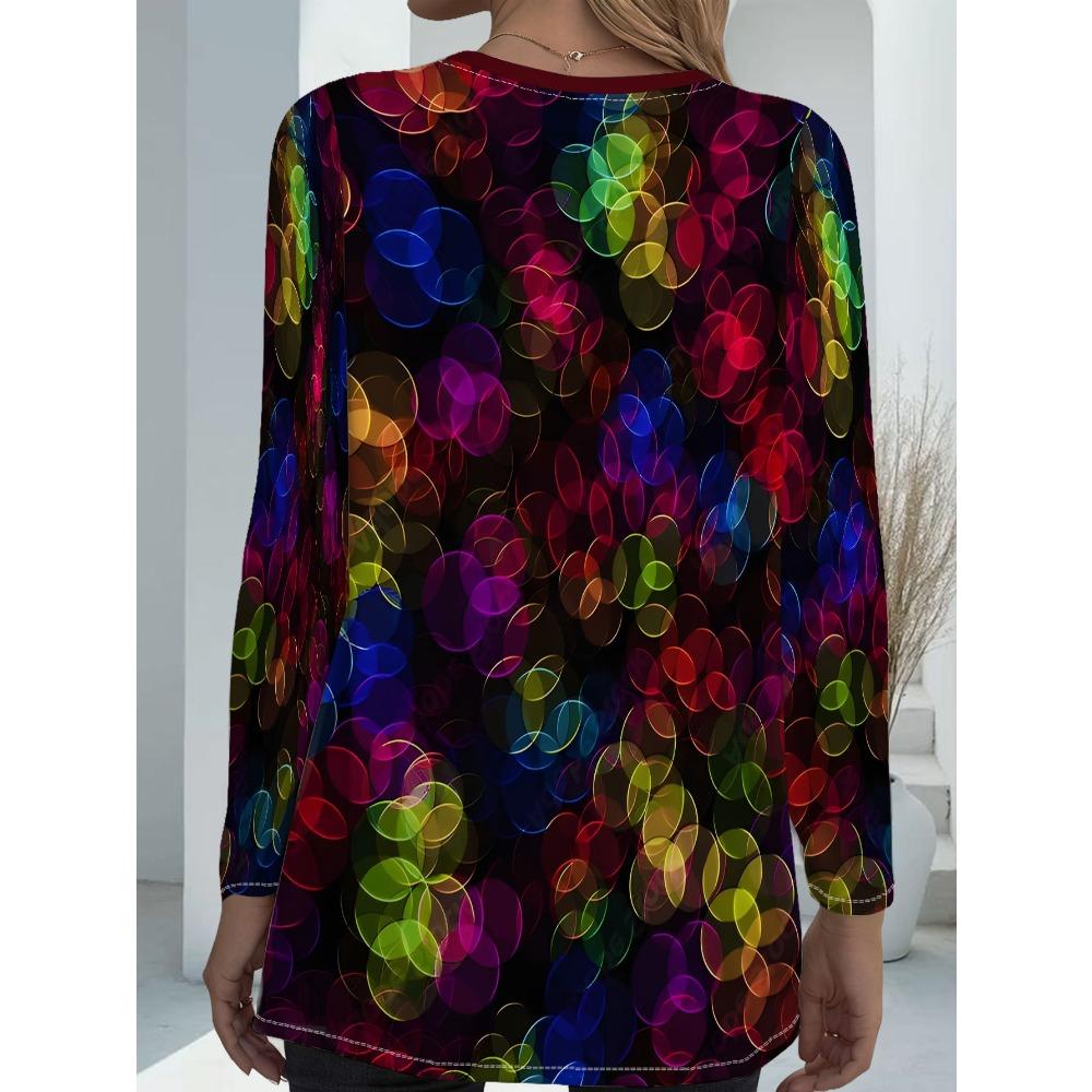 Women's Plus Size with Pocket Design Colorful Polka Dot Print Long Sleeve T-Shirt