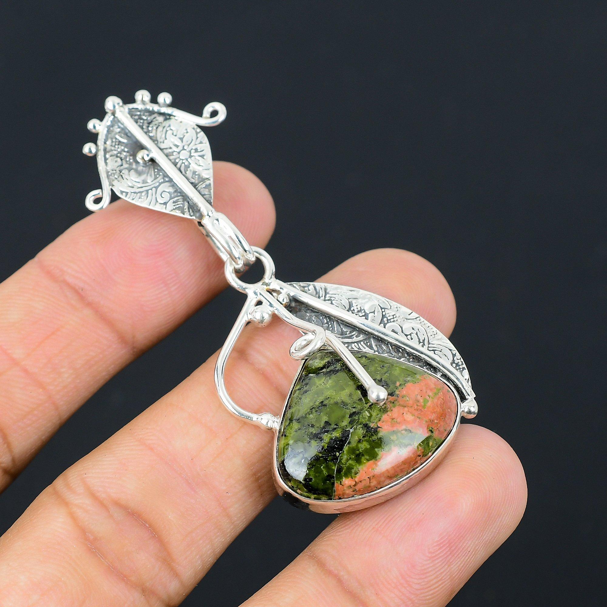 

Daughters Day Sale 925 Silver Heart Chakra Pear Unakite Stone Wife Boho Pendant