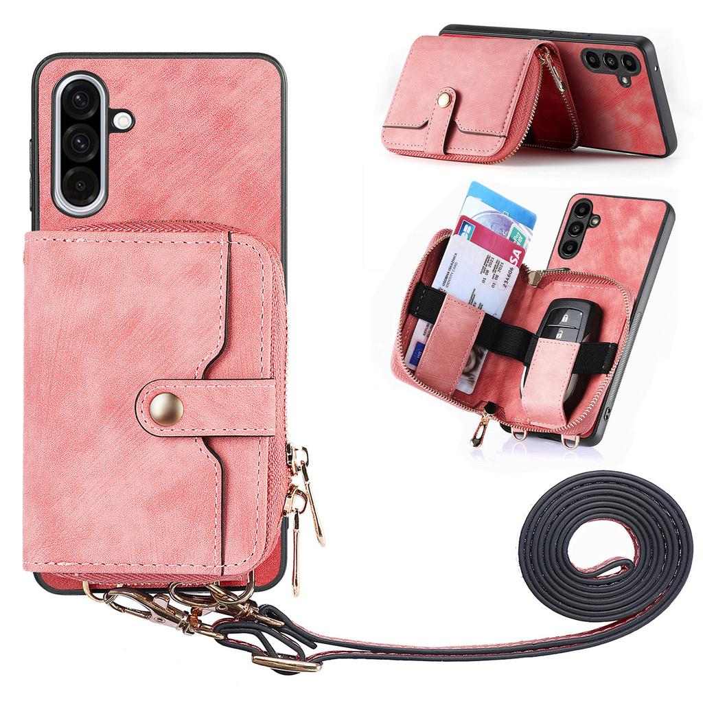 For Samsung Galaxy A56 5G PU Leather Phone Back Cover with Zipper Card Holder and Long Strap