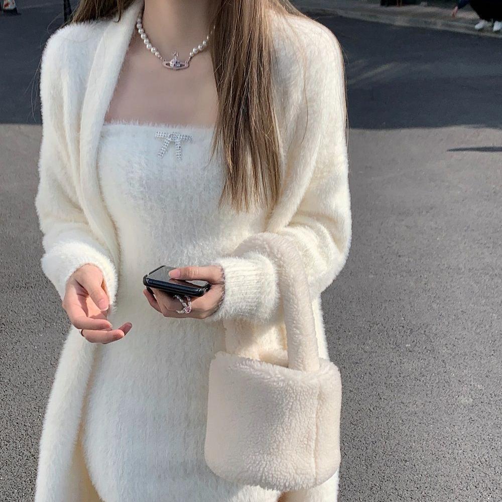 2ks Zimní sladké plyšové šaty bez ramínek Pletené fleecové šaty + fleecová bunda, dvoudílná