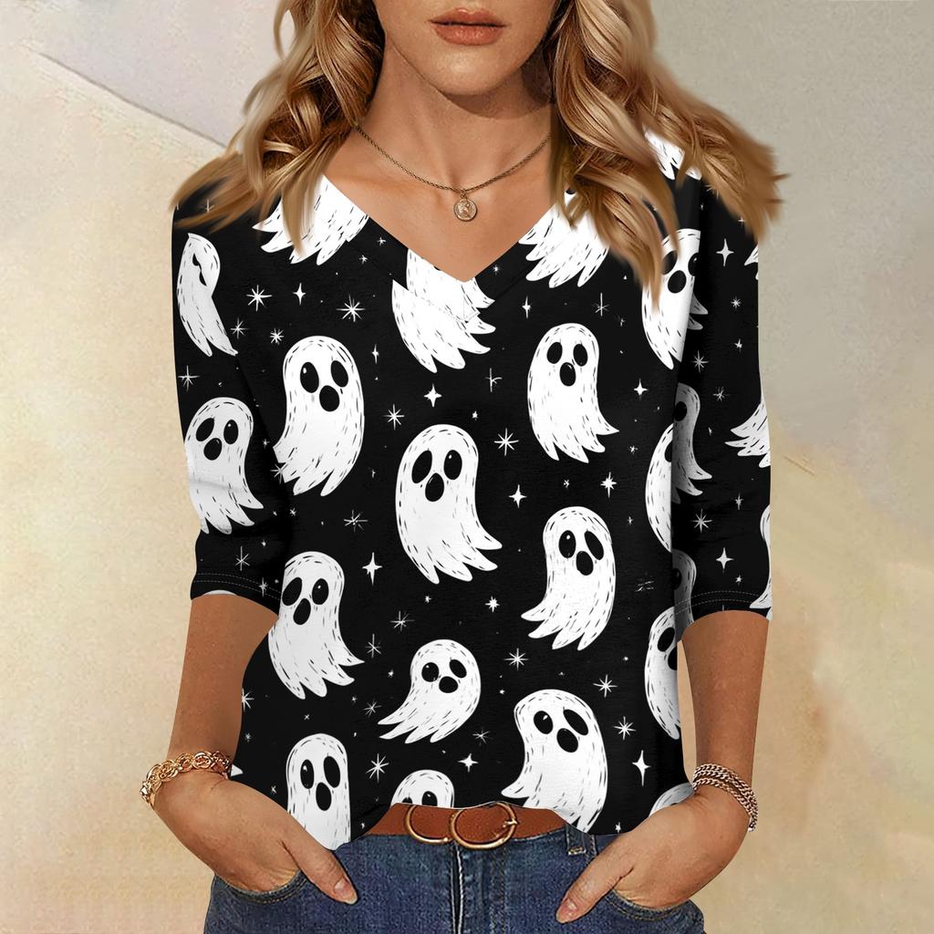 Women's Casual Halloween Print V Neck Three Quarter Sleeve Top Lightweight Soft Fabric Comfortable Fit