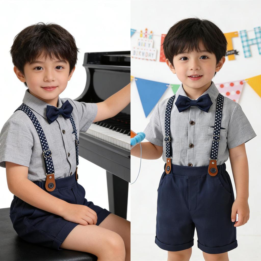 [Sivrusn] Boys' Formal Suit, Short-Sleeved, 4-Piece Set, Summer Suit, Kids' Costume, Children's Clothing, Perfect for Shrine Visits, Graduation