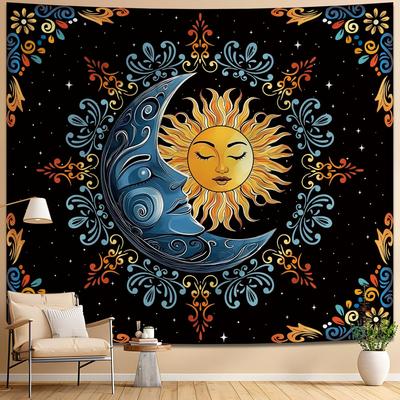 Sun and Moon Tapestry Wall Hanging, Boho Hippie Vintage Celestial Starry Sky Tapestries, Flower and Stars Wall Decor for Bedroom