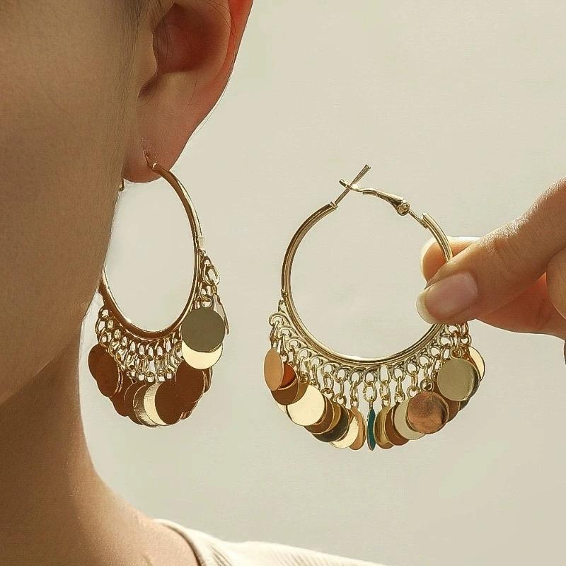 Vintage Bohemian-Style Large Hoop Earrings With Disc Pendants. These Sequined Earrings Are Stylish Geometric Round Pen