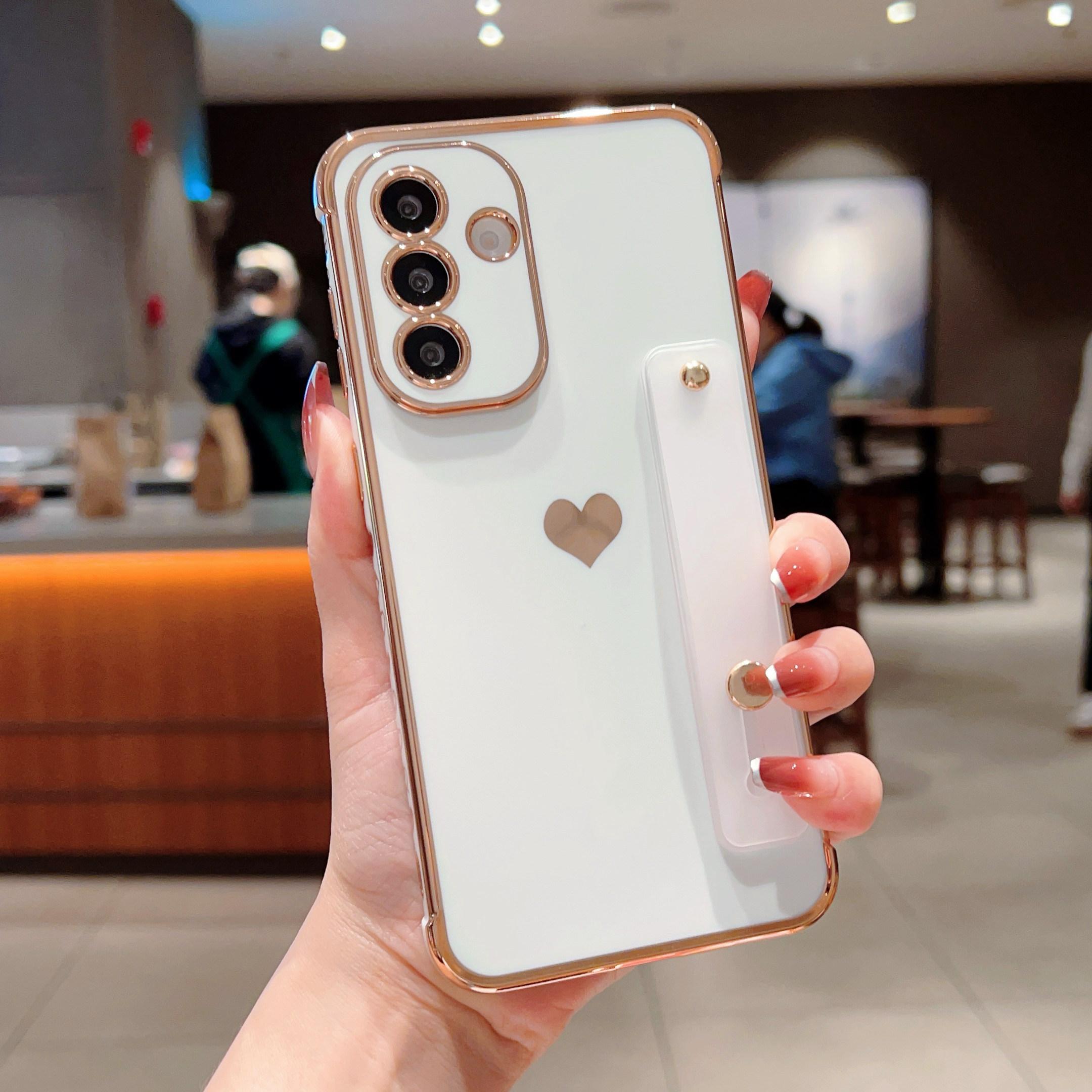 

For Samsung Galaxy A16 5G/A16 4G Case with Strip Kickstand Electroplating Edge Love Heart Soft TPU Phone Cover Ivory White
