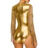 Womens Metallic Shiny Club Bodysuit Tiered Sequin Tassel Mesh Long Sleeve Dance Jumpsuit