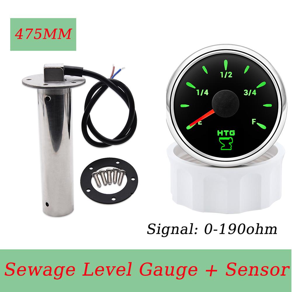 52mm Car Boat Sewage Level Gauge + Sewage Level Sensor Stainless Steel 0-190ohm 100-500MM Holding Tank Meters  9-32v Universal