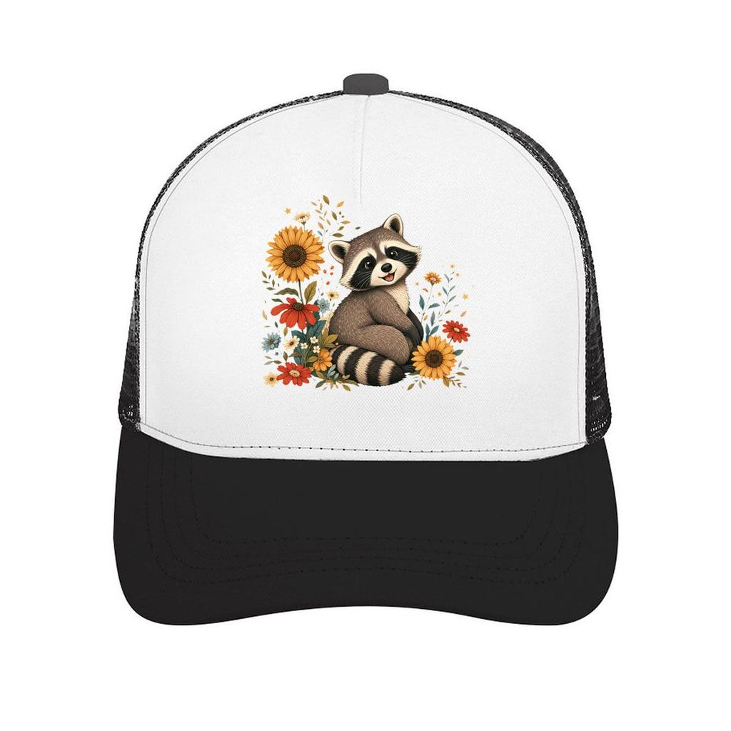 Whimsical Forest Raccoon Floral Port Mesh Baseball Cap Casual Hat Outdoor For Womens Unisex FeUnisex