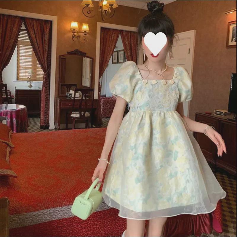 2025 Summer Women's Floral Puff Sleeve Square Neck Dress - Waist-Hugging Princess Style