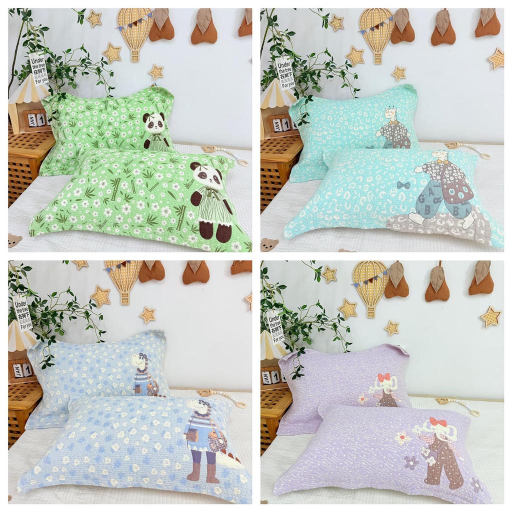 Cartoon Cotton Gauze Pillowcase Set: Soft, Breathable, Sweat-Absorbent Pillow Covers.