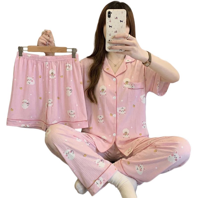 Cute Cartoon Rabbit Summer Pajama Set: Soft, Wrinkled Fabric, Short-Sleeved, Three-Piece Home Wear
