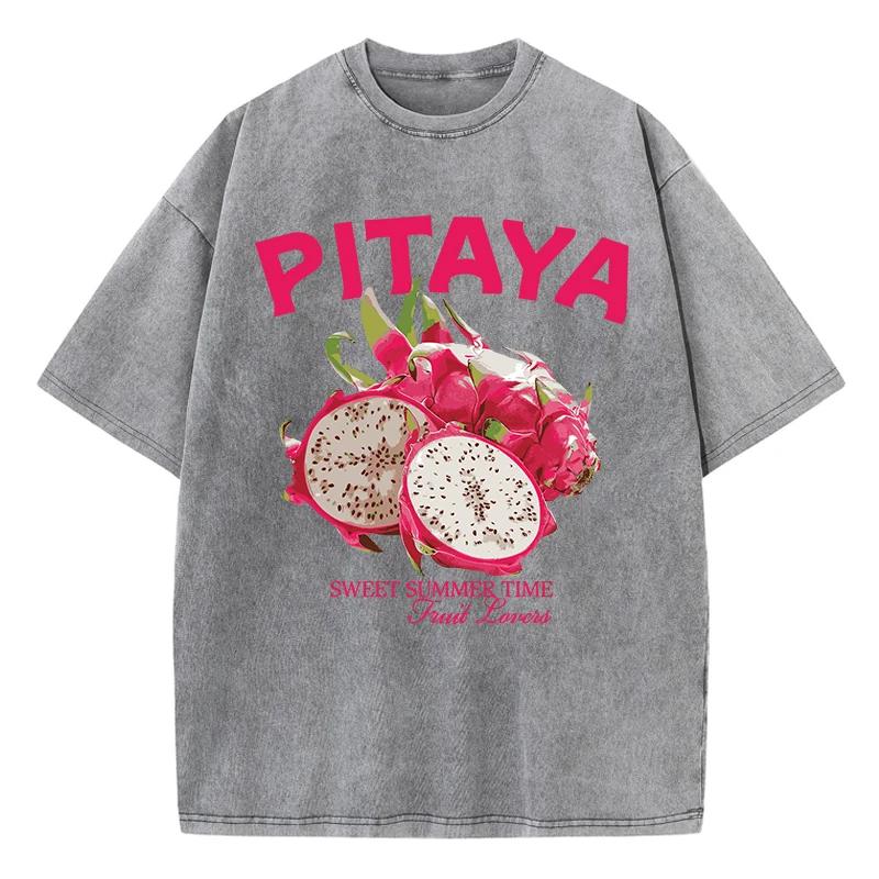 Vintage Woman Washed T-Shirts Fresh Pitaya Printing Tees Crewneck Distressed Cotton Oversize Short Sleeve Fashion Clothes