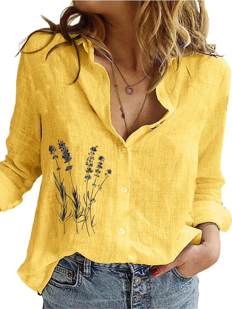 Women Fashion Long Sleeve Shirt Loose Cotton Linen Top Ladies Casual Print Blouses