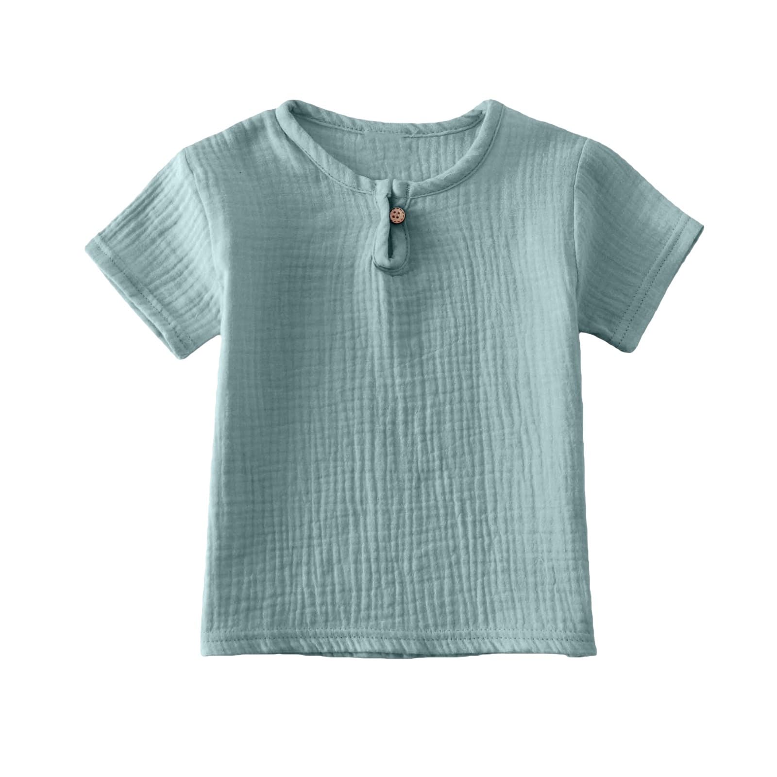 Kids Cotton Linen Striped Short Sleeves  Button Classic Athletic  Tops 100