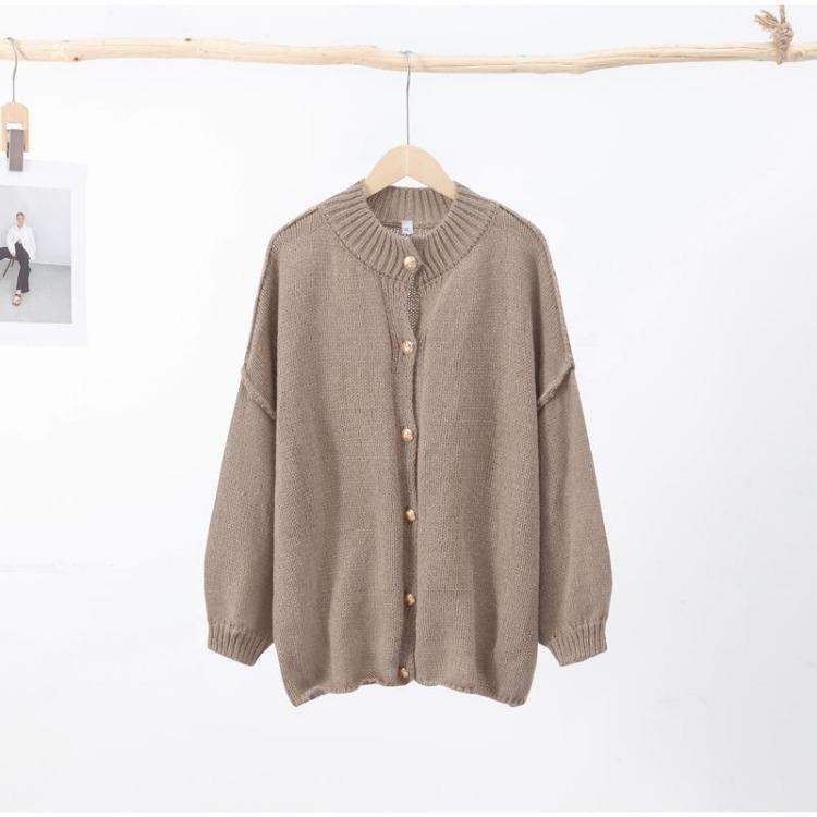 

Oversize Casual Cardigan for Women Loose Long Sleeve O Neck Sweater Office All Match Top Single Breasted XL коричневий
