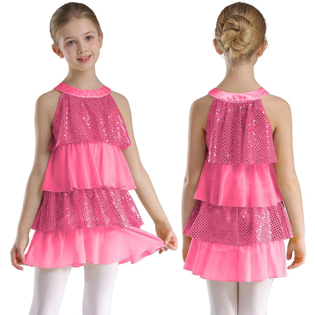 Gestuftes Rüschen-Mädchen-Tanzkleid Glänzende Pailletten Patchwork A-Linie Ärmellos Aufführungskostüm