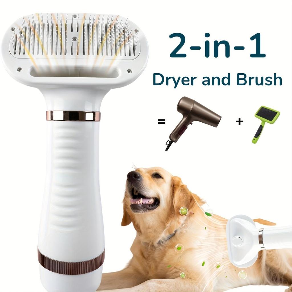 2-in-1 Dog Hair Dryer And Self-Cleaning Grooming Brush - Portable Pet Blow Dryer For Fast Drying And Grooming