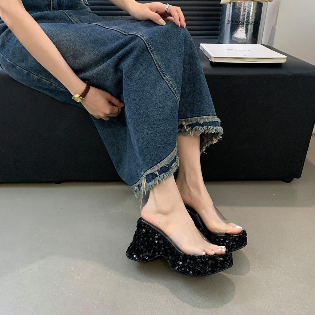 Small Man Height Gain Super High Heels Glitter Sequins Women's Summer Slope Heel Transparent Muffin Bottom Thick Sole Beach Cool Slippers