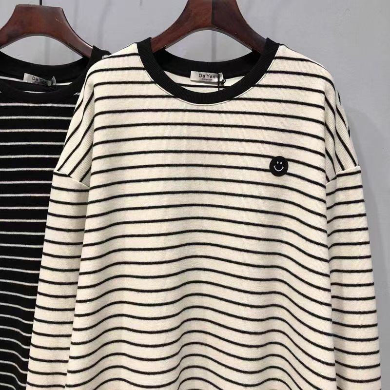 Plus Size Women Korean Style Smiley Face Striped Knitted T-shirt Autumn Bottoming Shirt Casual Loose Pullover Long Sleeve Tops