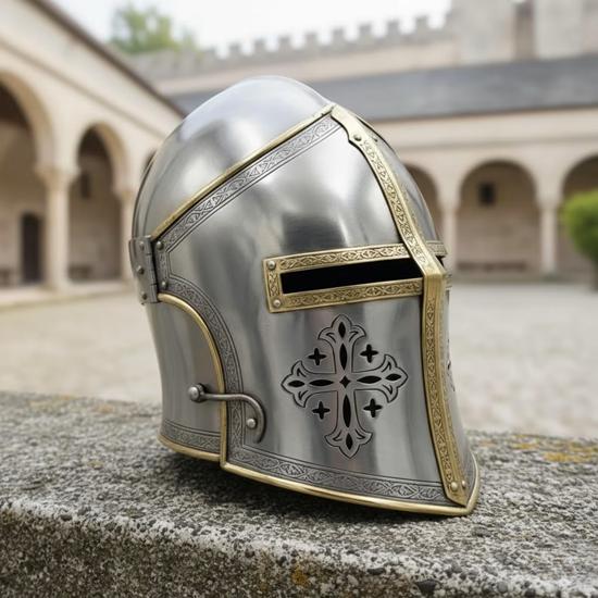 Elmo da Cavaliere Medievale a Croce, Elmo Barbuta in Ottone e Acciaio, Elmo Crociato Templare, per LARP Cosplay, Regalo per Fiera Rinascimentale