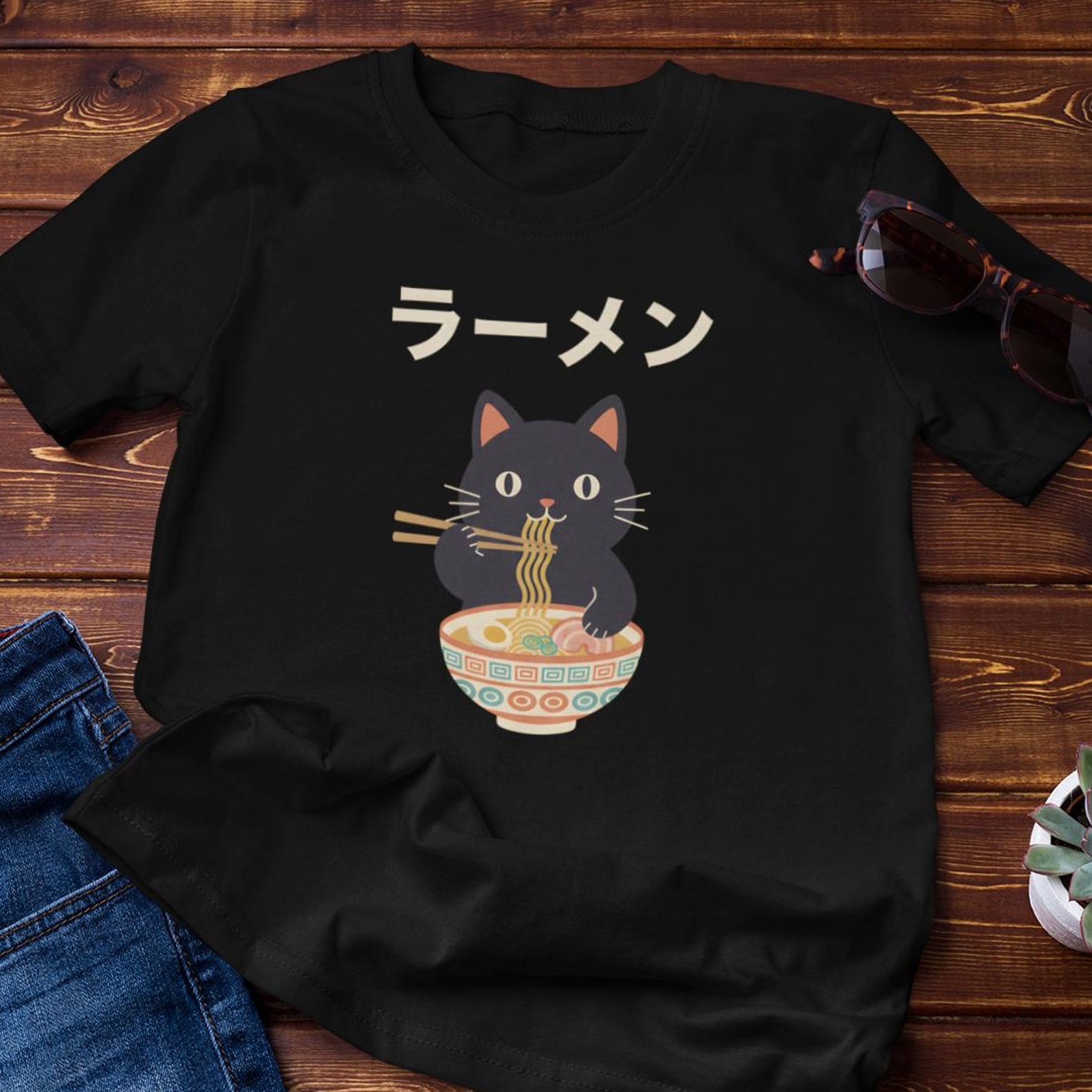 Funny Shirt - Ramen Cat - Kawaii Neko Bowl Art Cotton Tee 2XL