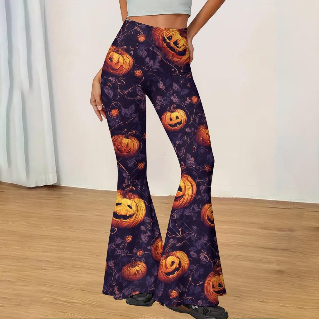 Women's Halloween Print Yoga Pants - Flared Leggings, Casual Stretchy Bell Bottom Pants for Women, for Yoga, Daily Wear and Party