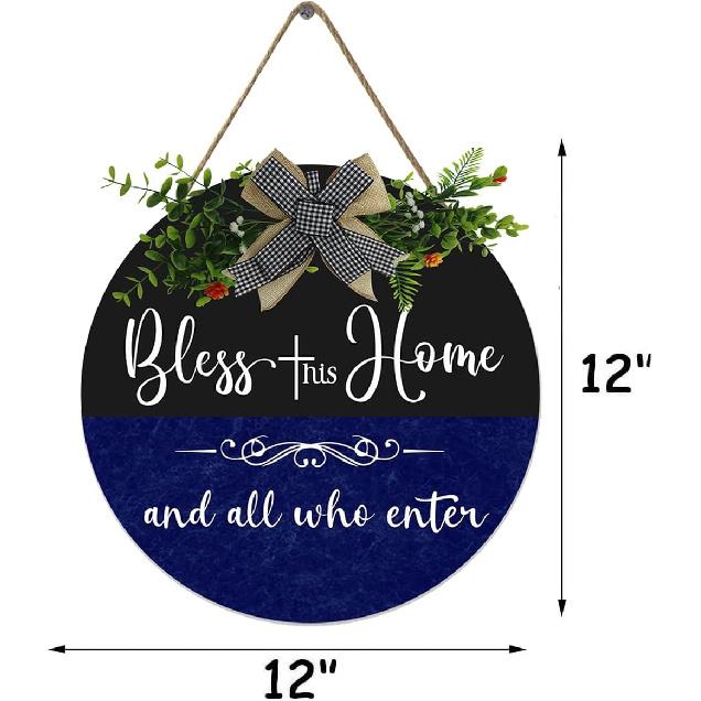 Front Door Blessed Wreaths Bless This Home and All Who Enter, Funny Welcome Wall Hanging Sign Plaque, for Front Door Entryway Porch House Decorations