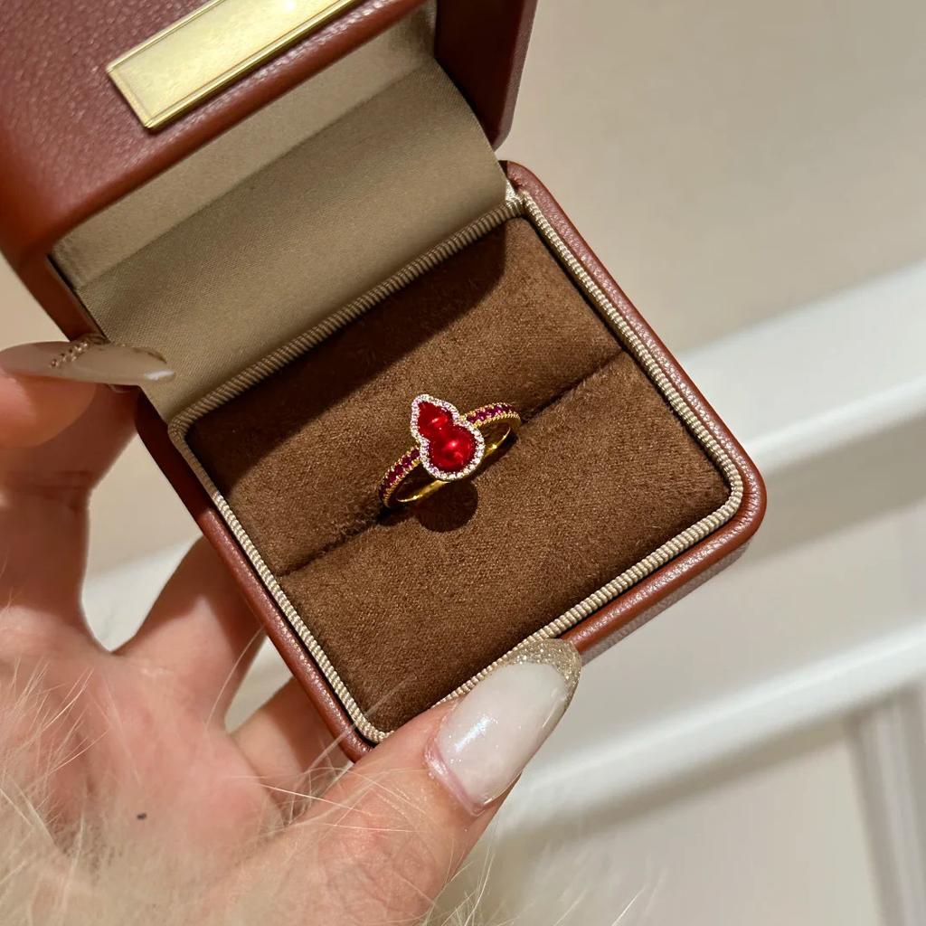 Double-Sided Rock Sugar Gourd Necklace Pendant Niche Enamel Glazed Fulu Ring Premium Red Diamond Stud Earrings Women
